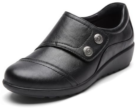 Cushion Walk Wide Fitting EEE Fit Black Shoes Women's Ladies Lightweight Faux Leather Slip-on Flats, Casual Work Office Comfort Shoes, with Double Button Detail (7 UK, Black)