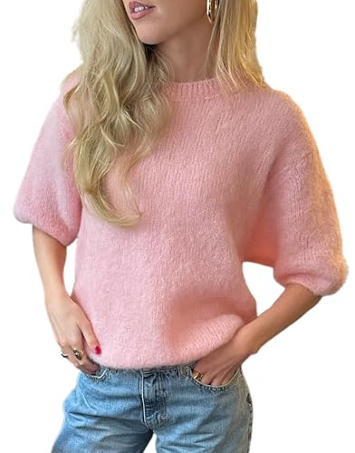 Felcia Femmes Y2K Pull à Manches Courtes Décontracté Couleur Unie Coupe Ample Tricot Jumper Doux Demi-Manches Lanterne Baggy Maille Pullover, Rose A, XL