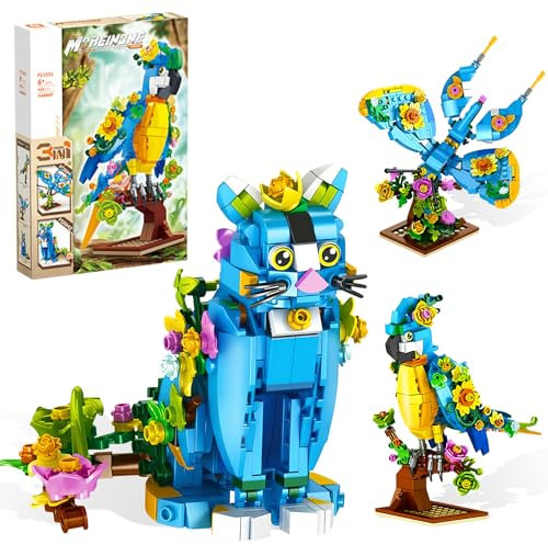 Kaslaider 3-in-1 Blume Papagei Schmetterling Katze Bauspielzeug, 408 Stück Tierfiguren Bausteine Geschenk, Spielzeug Geburtstag Weihnachten Gift für Kinder Jungen Mädchen Erwachsene ab 6-12+ Jahre
