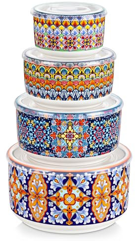 vancasso Juego de 4 Cuencos con Tapas de Porcelana - 300ml/600ml/1080ml/1800ml - Para Pasta, Ensaladas, Sopa y Almacenamiento, Apto para Microondas, Horno y Lavavajillas - Estilo Bohemio