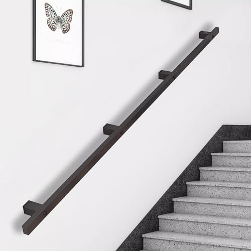 Lanmmraifc Moderner Treppenhandlauf 300–600 cm, schwarz verzinkter Handlauf aus Industrieeisen mit Halterungen für Wandmontage im Innen- und Außenbereich(300cm)
