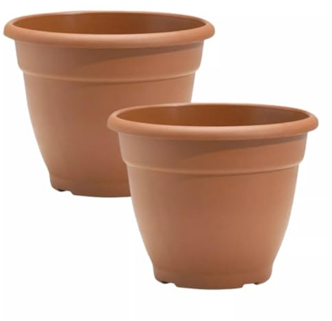 Fyne-Finds Round Plastic Plant Pot 30cm,12inch 9.5Liters Garden Indoor Outdoor Cover Drainage Holes, Weather, Frost Proof Planter (2, Terracotta)