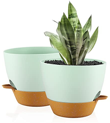 FORAGIFT 25cm Self-Watering Plant Pots Indoor, 2 Pack Large Plastic Plant Pots with Deep Reservior and High Drainage Holes for Indoor Outdoor Plants and Flowers, Green with Terracotta