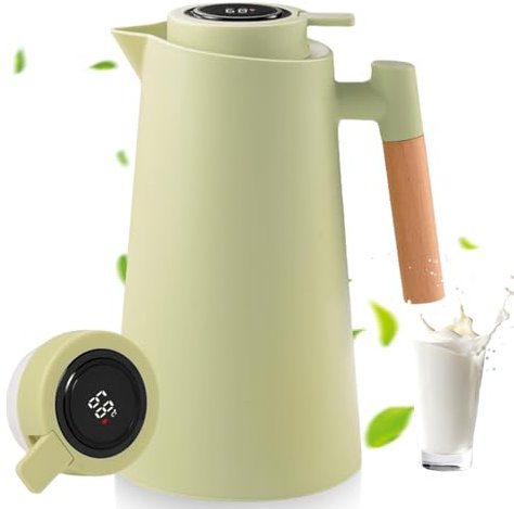 Thermoskanne 1L, Tee Thermoskanne mit Temperaturanzeige, Kaffeekanne Thermo mit Holzgriff, Teekanne Thermo, Isolierkanne mit Einfachem Sicherheitstaster, Thermosflasche Für Home Hotel Office, Grün