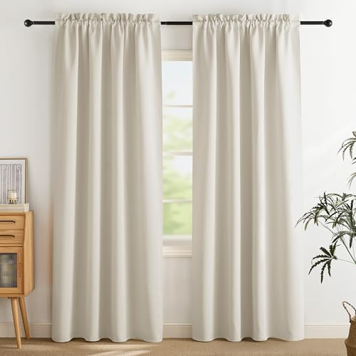 PONY DANCE Thermovorhänge Hitzeschutz Gardinen Blickdicht H240 x B140 cm | 2er Set, Hellbeige, für Wohnzimmer, Sichtschutz, mit Stangedurchzug, Verdunklungsvorhänge, UV-schutz, Wärmeisolierend
