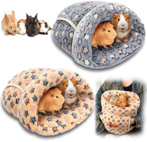 Wenqik 2 Pcs Guinea Pig Fleece Hideouts, Blue, Khaki, Star | Guinea Pig Cuddle Sack, Soft Plush, Washable, Guinea Pig Bed for Small Pet, Nest Supplies, Cage Habitat Accessories
