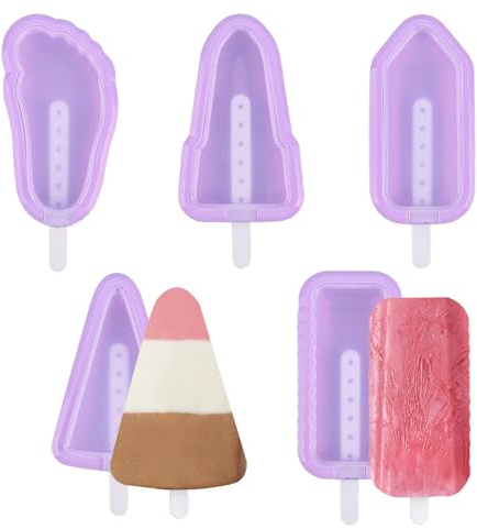 Fyfjur 5 Pièces Moule a Glace, Premium Moule Glace Silicone Batonnet Réutilisables Sans BPA, Moule à Glace avec Design de Poignée Facile à Démouler, Tendance De Lété Bricolage de la Crème Glacée