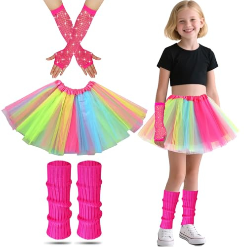 Déguisement Année 80 Fille, Deguisement Disco Enfant Filles Néon Jambes Chauffers Filets Gants et Robe Fantaisie Tutu Pour Les Années 1980 Fête à Thème Discothèque Fête Costume (Arc-en-ciel)