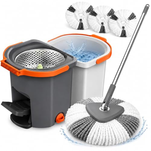 Wischmopp Set mit Eimer & Fußpresse – Faltbarer Bodenwischer mit Schmutzwassertrennung & 2-Kammer-System, geteiltem Putzeimer inkl. 3 Mikrofaser Pads für Parkett, Laminat & Fliesen, Dunkelgrau