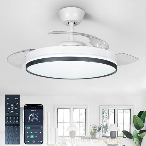 Depuley Retractable Ceiling Fans with Lights: 42 Inch Modern Chandelier Ceiling Fan with Remote & APP Control - Reversible Silent Smart Dimmable LED Fandelier for Living Room Bedroom White + Black