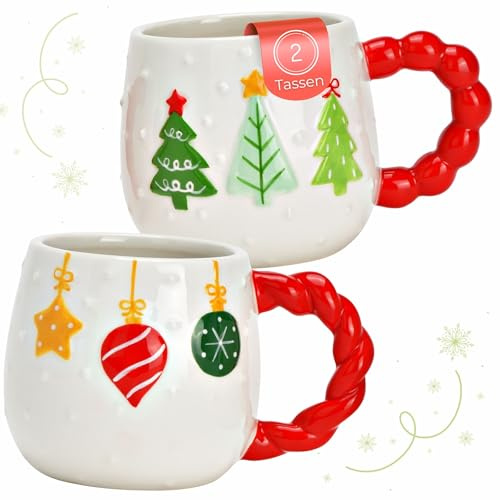 Kaffeetassen 2er Set weiß mit rotem Henkel & Winterdekor - Jumbo Weihnachts-Tassen Keramik 415 ml