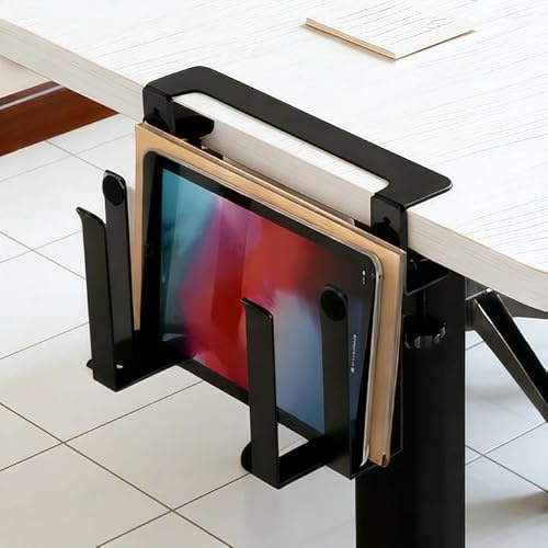 GOEDCH Organisateur d'ordinateur portable à suspendre : double couche sans perçage Rangement latéral de bureau pour ordinateur portable, support pour ordinateur portable, support d'ordinateur portable
