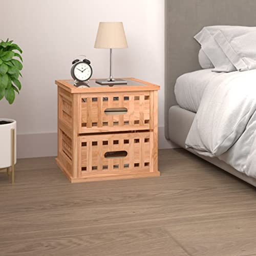 Qnhdfrt Mesita de noche 34 x 34 x 34 cm de madera maciza de nogal con tablero de cristal, moderno armario auxiliar con 2 cajones para dormitorio, salón y pasillo