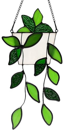 Shalwinn Buntglas Fensterhängende Pflanze,Handgefertigte Grüne Kunstpflanze Buntglas Fenster Sonnenfänger für Drinnen und Draußen Dekoration, Geschenk für Pflanzenliebhaber (Green Leaf)