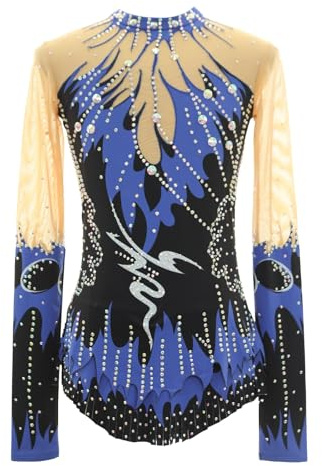 Maillot De Gimnasia Rítmica For Niñas, Traje De Competición De Gimnasia Femenina Patchwork De Manga Larga(Azul,XXL)