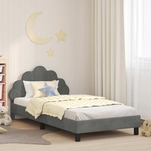 Kaloriko Modernes Kinderbettgestell Dunkelgrau, 90x190 cm Samt, mit Stauraum-Kopfteil, Langlebiges Holzwerkstoff, Einzelbett für Schlafzimmer, Kein Boxspring erforderlich