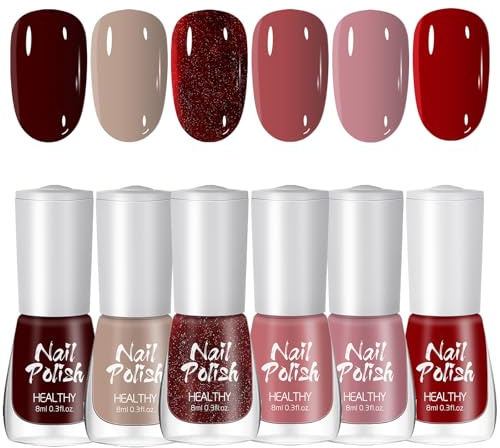 Nail Polish Set - 6 Colors Nude Pink Burgundy Red Dusty Rose Nail Polishes - Elegant Neutral Color Nail Varnish Set for All Seasons - 60 Second Quick Dry Nail Polish Sets for Women Salon DIY Nail Art