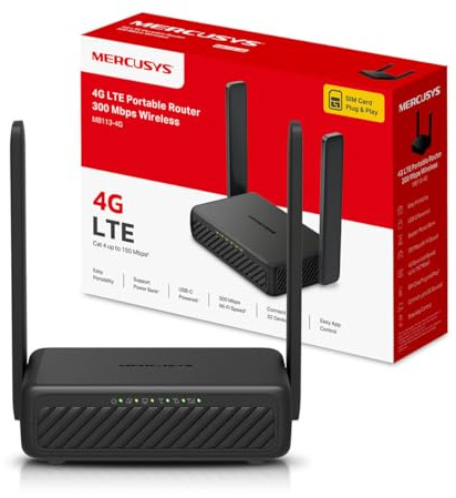 Mercusys MB113-4G Router WiFi con Sim, Wifi Portatile, 2 Antenne Pieghevoli, 4G LTE Wireless N300Mbps,Porta LAN+ Porta LAN/WAN, USB-C, Ricarica da Power Bank, VPN（Client/Server）, SMS, APP, Plug&Play