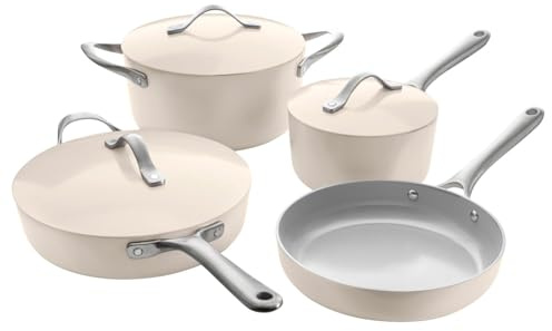 ProCook Soho Sandstone Cookware Set Ceramic Non Stick PFAS Free Aluminium Induction and Oven Safe 4 Piece Pots and Pans Set 18cm 24cm 26cm