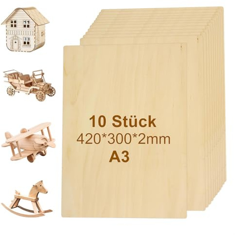 Sperrholzplatte 3mm/2mm - 10-20 Stück Sperrholzplatte 2-3mm, A3-A5 Sperrholz, Sperrholz Holzplatte, Laserbearbeitung Speziell, Geeignet für DIY-Holzarbeit, Modellierung, Malerei (A3-2mm-10pcs)