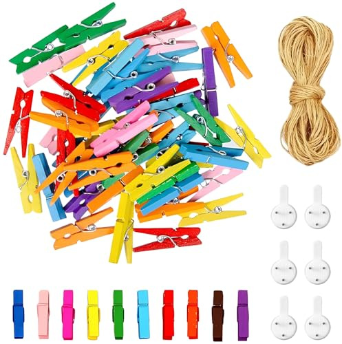 BLPRKOT 60 Pièces Mini Pince a Linge Bois, 45 mm Coloured Clothes Pegs for Home Decoration and Photos with 10 m Jute Rope DIY Mini Wooden Photo Pin