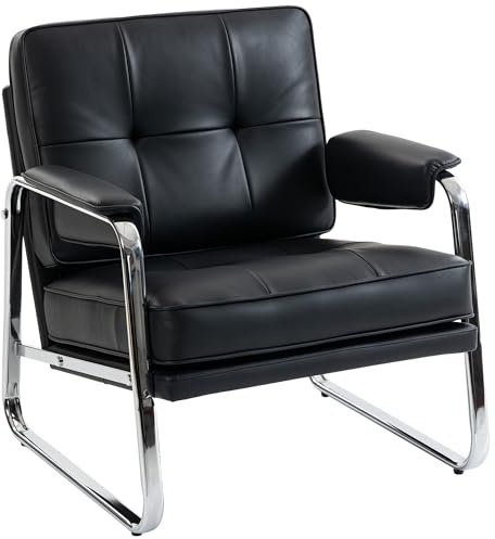 HOMCOM Sessel Loungesessel mit Breiter Sitz, Knopfheftung, Schwarz | Polstersessel, Stahlbeinen, Dicker Polsterung, Armlehnen, Relaxsessel aus Kunstleder, Wohnzimmer, Schlafzimmer