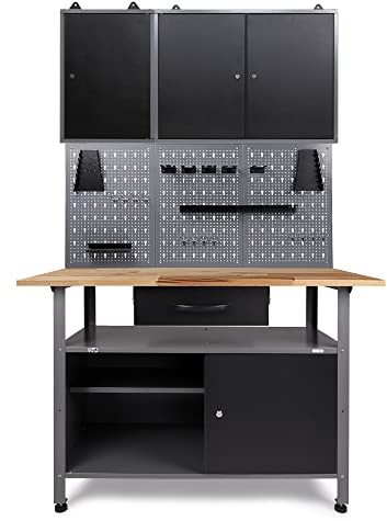 Ondis24 Werkstatteinrichtung Klaus, Metall, 2 Werkstattschränke, Lochwand, Hakensortiment (Arbeisthöhe 85 cm, Schwarz)