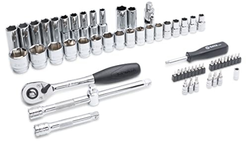 SATA ST09007SJ Juego de llaves de vaso métricas de 6 puntas con accionamiento de 1/2 ”de 60 piezas con trinquete de liberación rápida y adaptador de 3 vías, pulido, en estuche