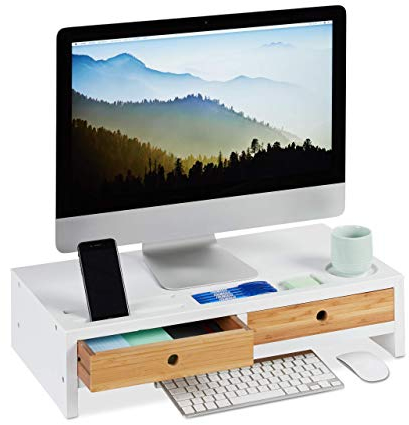 Relaxdays Monitorständer Bambus, Bildschirmerhöhung mit 2 Schubladen & Fächern, Lapdesk HBT 14 x 60 x 30 cm, weiß/Natur