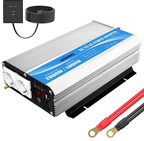 GIANDEL Inversor de Corriente 2000W Onda Modificada Compatible con LiFePO4 Convertidor 12V 220V 230V con Mando a Distancia & Pantalla LED & 2 AC Tomas para Coche Autocaravana camión