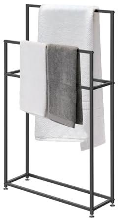 WING Handtuchständer freistehend schwarz, Metall Bad handtuchhalter stehend, Badehandtuchständer, 2 Handtuchstangen, modern, H 110cm,75×20×110cm(L×W×H)