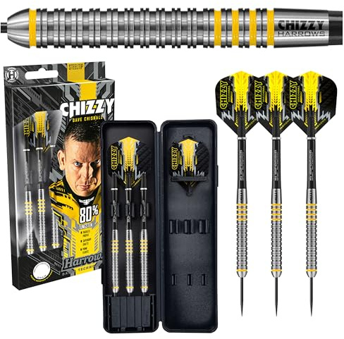 Harrows Dave Chisnall Chizzy 80% Tungsten Steel Tip Darts Set 21g, 22g, 23g & 24g - Includes Black Midi Supergrip Shafts, Prime Flights & Travel Case