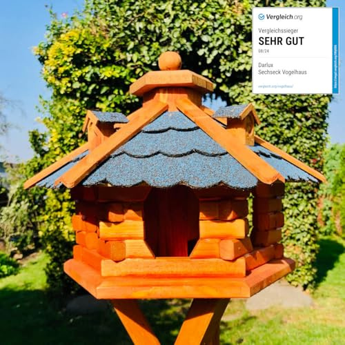 DARLUX Handgefertigtes wetterfestes Sechseck Vogelhaus aus Holz | Größe L | Vogelfutterstation, lasiert, Outdoor, Garten, Balkon, Futterhaus, Futterhäuschen (Größe L ohne Ständer, Blau - Braun)