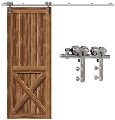 TSMST 183CM/6FT Stainless Steel Sliding Door Track Barn Door Hardware Kit Closet Rail Roller Accessory Double Wheel Ram Horn Style