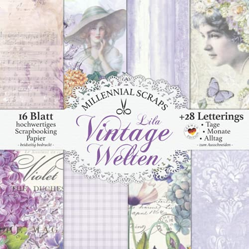 Lila Vintage Welten: Scrapbooking Papier & Zubehör I 16 Blatt + Letterings zum Ausschneiden I Junk Journal Dekor I Geschenkidee für Journaling Liebhaber & Bastelfreunde