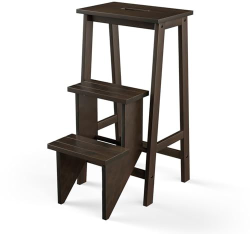 DORTALA 3 Tier Folding Step Stool, Rubber Wood Multifunctional Ladder Chair Bench, Portable Utility Seat, Flower Rack, 200 Lbs Capacity, Ideal for Library, Home (Coffee)
