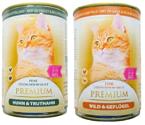 MY HAPPY PETS Premium Katzenfutter 2 Sorten feine Stückchen in Sauce (Huhn & Truthahn, Wild & Geflügel 40 x 415g)