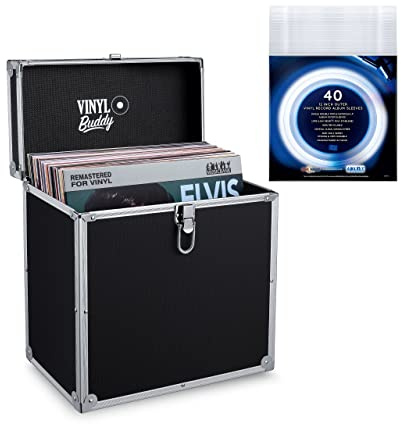 VINYL BUDDY 12'' Aluminium Vinyl Record Storage Case,Holds up to 40 LPs (in PVC Sleeves) Includes 40 x 12 Inch Outer Record Sleeves (Black) (VB01B)