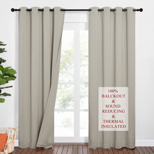 NICETOWN Sound Barrier 100% Blackout Cold Blocking Divider Curtains 84, Noise, Heat and Cold Blocking Drapes with Felt Fabric Lining for Nursery/Daytime Sleep/Bedroom (Natural, 2 PCs, 52 Wide)