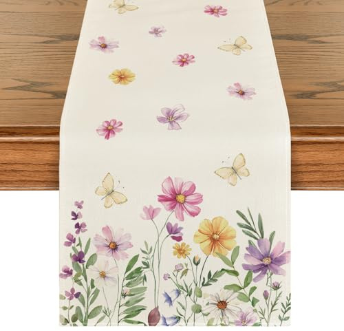 Artoid Mode Blumen Schmetterling Frühling Tischläufer, Saisonnal Sommer Küche Tisch Dekoration Drinnen Urlaub Party Dekor 40x180 cm