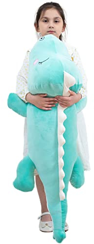 Aiuidun Plüschtier Dinosaurier Kuscheltier Stofftier Plüschkissen,Lange Dino Plüsch Spielzeug Umarmungskissen Lumbar Rückenkissen Puppe Geschenke für Kinder (100cm, Green - Happy)