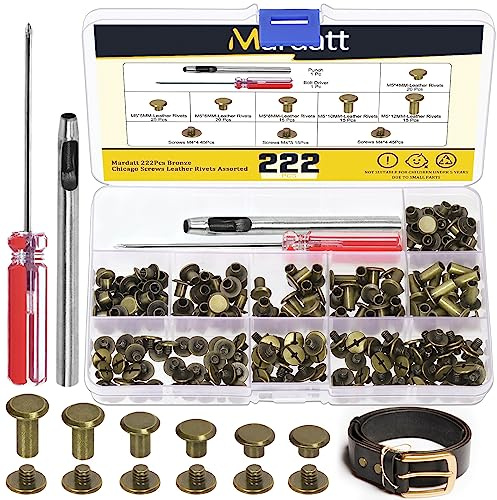 Mardatt 222Pcs 6 Sizes Chicago Screws Assorted Kit with Setting Tools, M5 X 4/5/6/8/10/12MM Leather Rivets M5 Chicago Binding Screws Rivets for DIY Leather Craft Repair(Bronze)