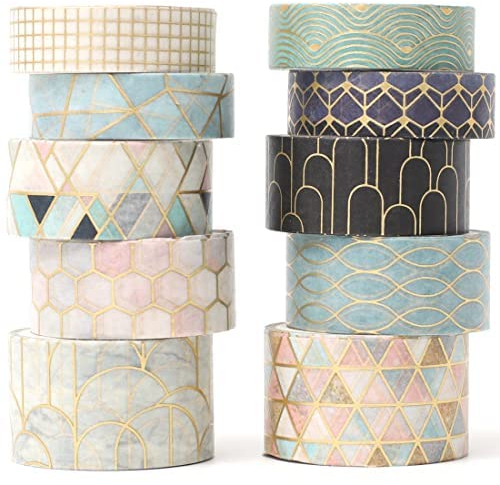 YUBX 10 Rollen Washi Tape Set Masking Tape goldene Folie dekoratives Papier-Klebeband für Scrapbooking DIY-Handwerk (geometrischer Auftrag)