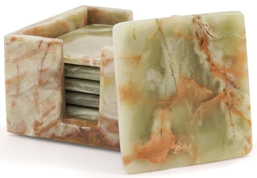 Radicaln Green Onyx Marble Coasters Set of 6 Handmade 3.5 Inch Square Coasters for Drinks, Coaster Set with Holder for Coffee Table