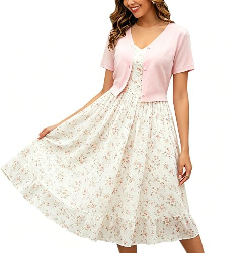 Boléro Femme Tricot Gilet Court Veste Cardigan Bouton Manches Courtes pour Robe T Shirt Bretelle Soirée Fête Décontracté Chic Elégante Rose Clair*Manche Courte XXXL
