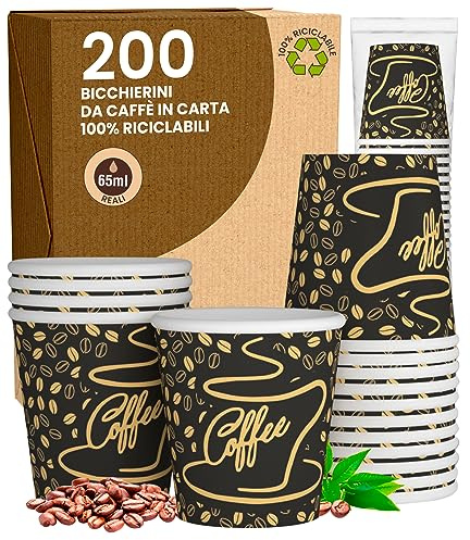 Lot de 200 verres en papier à café 65 ml CoffeeGoldCUP Verres écologiques biodégradables jetables pour petites boissons chaudes