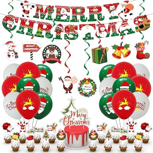 Christmas Party Decorations Indoor With Merry Christmas Banner, Balloons, Ceiling Decorations, Cake Toppers for Office/Classroom/Home Xmas