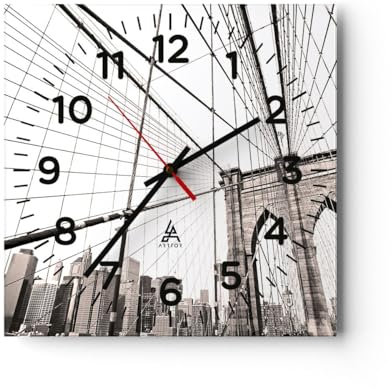 Modern Wanduhr Brücke Die Architektur New York 40x40cm Quadrat Groß Wand Uhr Glas Analog Zimmeruhren Küche Büro Wohnzimmer Glasuhr Wall Clock Dekoration Design Wanddekoration Küchenuhr C4AC40x40-5199