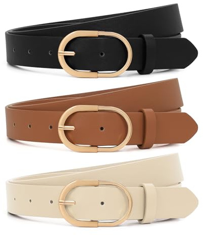 XZQTIVE 3 Pack Women's Leather Belt for Jeans Pants Ladies Fashion Leather Belt for Dresses Shiny Golden Buckle Waist Belt, L