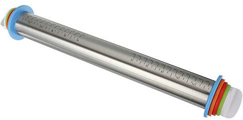 Mattarello regolabile in acciaio inox da 43 cm con tappetino da forno in silicone, 4 anelli di spessore rimovibili per cuocere impasti pizza, torte, pasticcini, pasta e biscotti